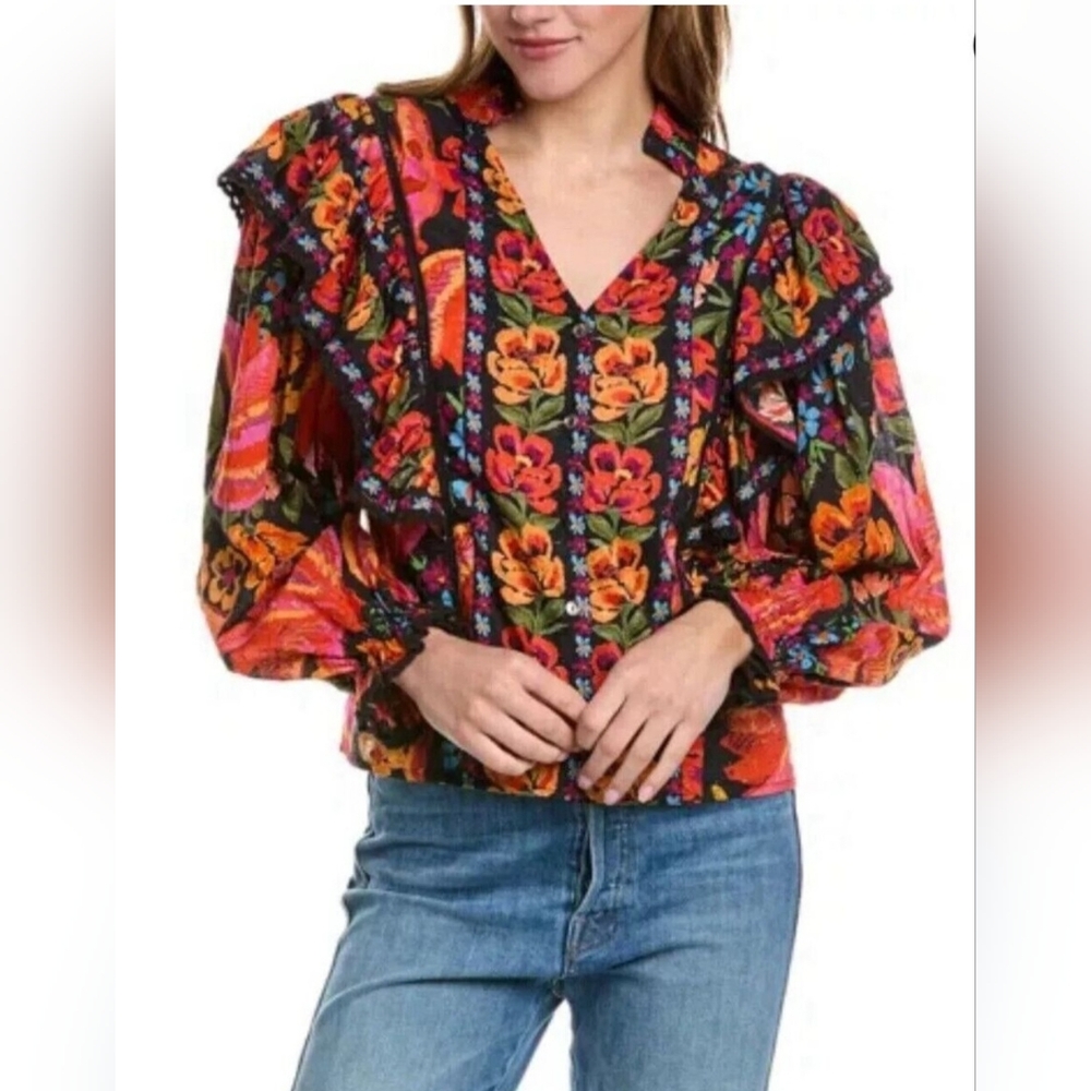 FARM RIO Colorful Floral Blouse with Ruffle Sleeves